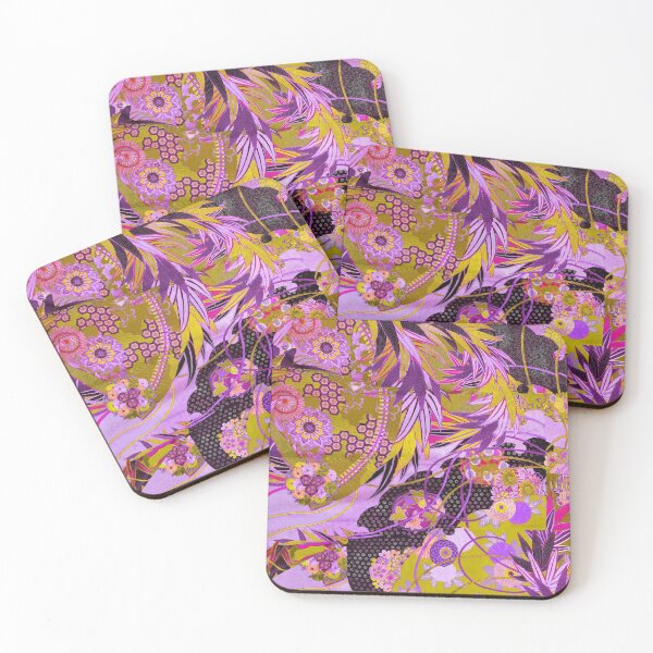 Item preview, ANTIQUE JAPANESE FLOWERS Gold Yellow Pink Purple Black Kimono Floral Motifs designed and sold by BulganLumini.