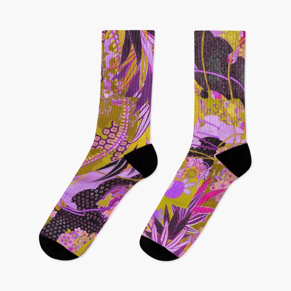 Item preview, ANTIQUE JAPANESE FLOWERS Gold Yellow Pink Purple Black Kimono Floral Motifs designed and sold by BulganLumini.
