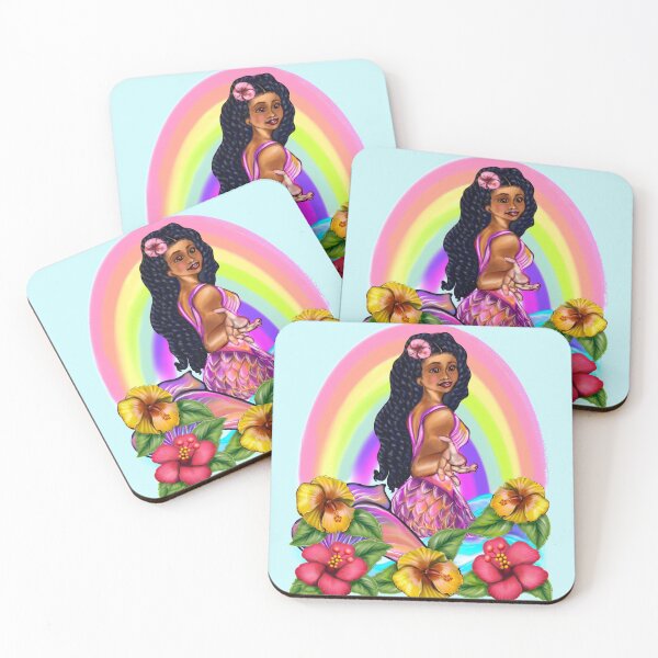 Item preview, Mermaid with rainbow, hibiscus flowers, outstretched  arm, brown eyes, Curly hair  and caramel brown skin - light background designed and sold by Artonmytee.