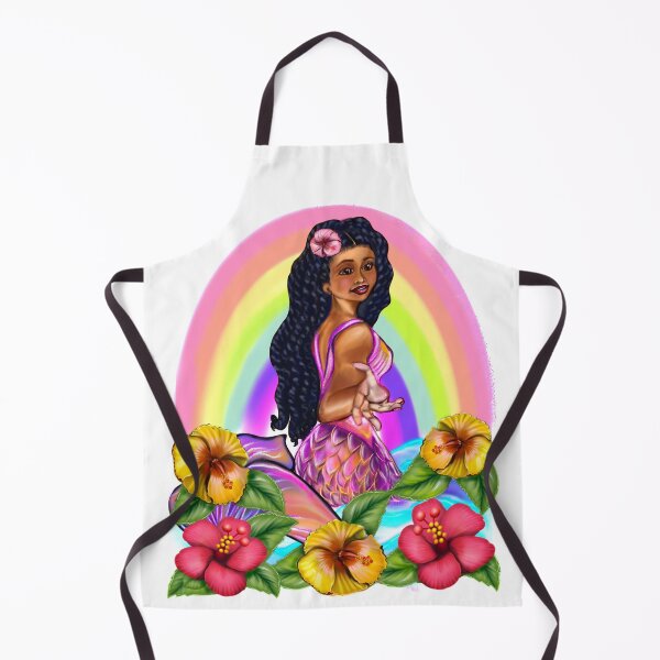 Item preview, Mermaid with rainbow, hibiscus flowers, outstretched arm, brown eyes, Curly hair and caramel brown skin - light background designed and sold by Artonmytee.