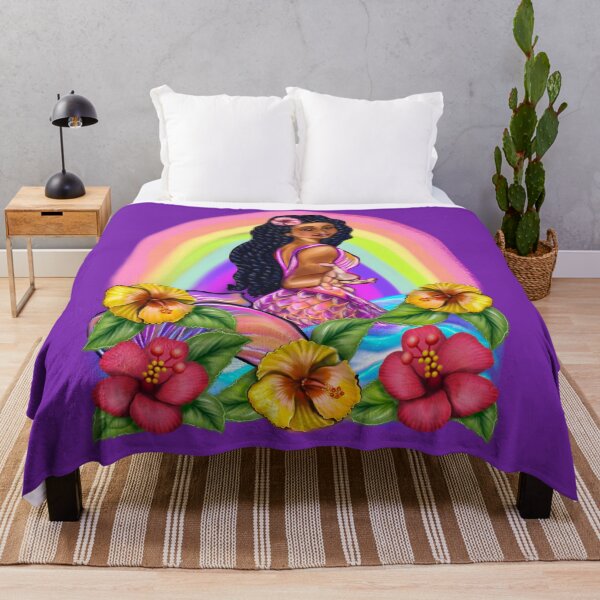 Item preview, Mermaid with rainbow, hibiscus flowers, outstretched arm, brown eyes, Curly hair and caramel brown skin - light background designed and sold by Artonmytee.
