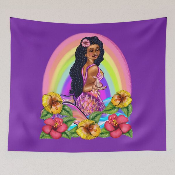 Item preview, Mermaid with rainbow, hibiscus flowers, outstretched  arm, brown eyes, Curly hair  and caramel brown skin - light background designed and sold by Artonmytee.