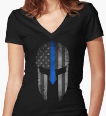 Blue Line American Flag Spartan Helm Women's Fitted V-Neck T-Shirt