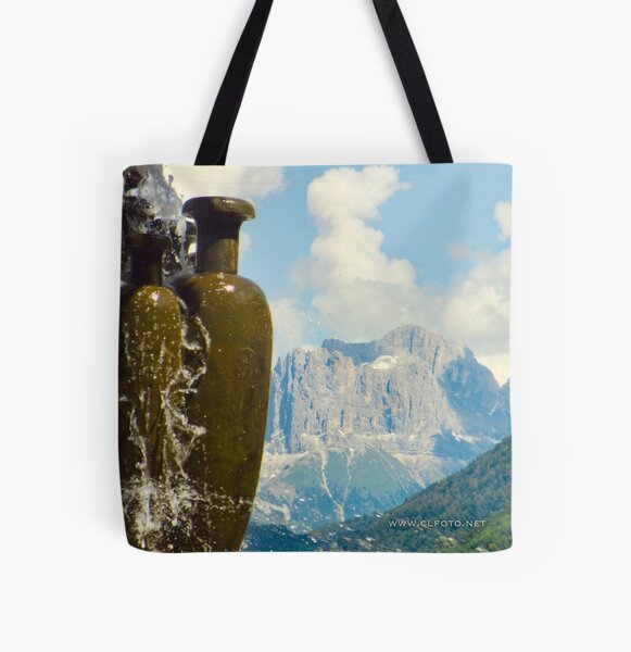 Fountain with the Dolomites beyond All Over Print Tote Bag