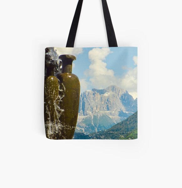 Fountain with the Dolomites beyond All Over Print Tote Bag