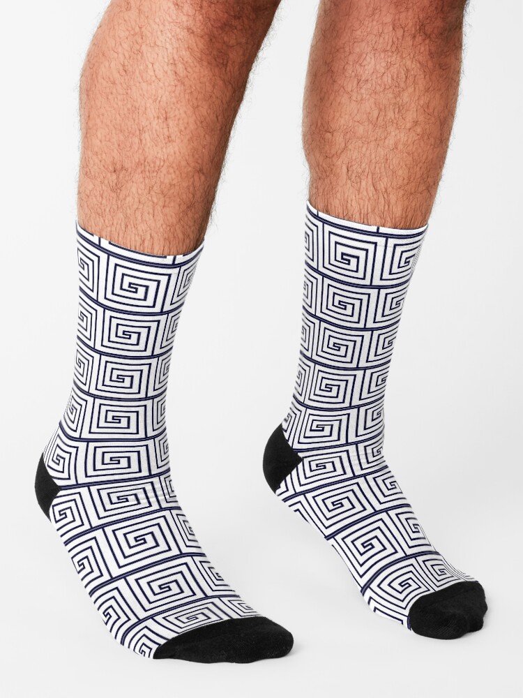 Thumbnail 3 of 5, Socks, The Ozymandias Greek Key Pattern Blue designed and sold by The Ozymandias Project.