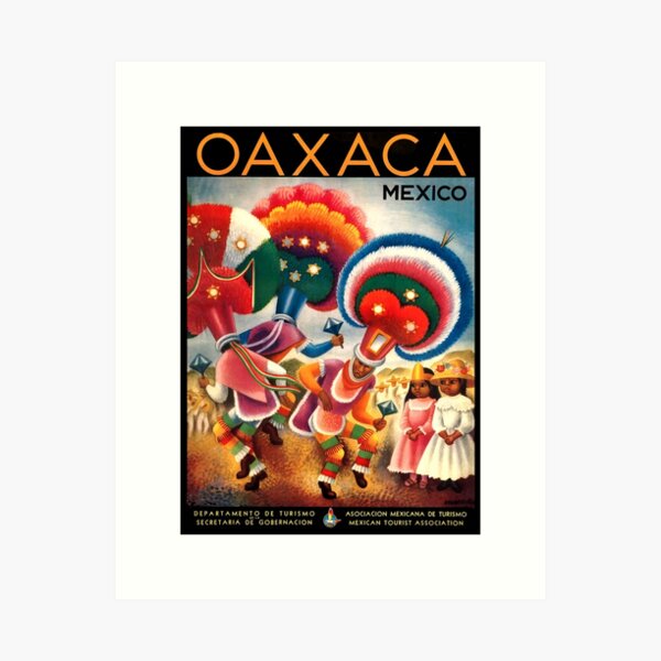 Aperçu de l'œuvre Affiche de voyage vintage des danseurs autochtones costumés d'Oaxaca au Mexique créée et vendue par retrographics.