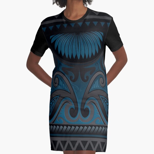 Blue Grey Ornate Maori Design, New Zealand Graphic T-Shirt Dress