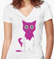 Cat Magenta Paint Spill Cartoon Graphic Vector Women's Fitted V-Neck T-Shirt