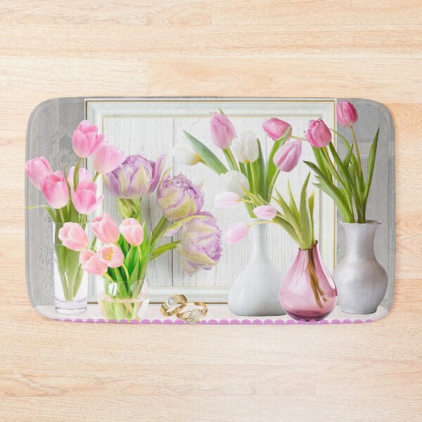 Item preview, Shabby Chic Cottage Decor Gift Romantic Pink Tulips Flowers In Bottles Wall Art Prints designed and sold by Erika Bartha.