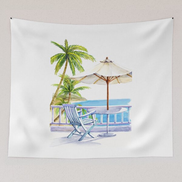 Item preview, table and chair on terrace with sea view painting designed and sold by sasa-creations.