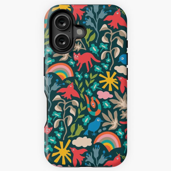 LAND OF PLENTY Cute Fun Eco Nature Pattern with Birds Animals Flowers Rainbow Sun Clouds in Bright Multi-Colours on Dark Teal - UnBlink Studio by Jackie Tahara iPhone Tough Case