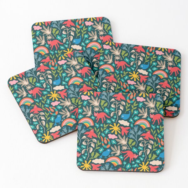 Item preview, LAND OF PLENTY Cute Fun Eco Nature Pattern with Birds Animals Flowers Rainbow Sun Clouds in Bright Multi-Colours on Dark Teal - UnBlink Studio by Jackie Tahara designed and sold by Jackie Tahara of UnBlink Studio.