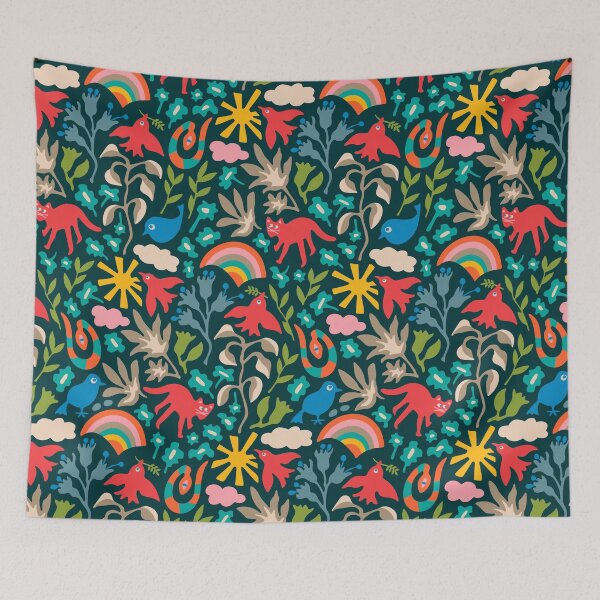 Item preview, LAND OF PLENTY Cute Fun Eco Nature Pattern with Birds Animals Flowers Rainbow Sun Clouds in Bright Multi-Colours on Dark Teal - UnBlink Studio by Jackie Tahara designed and sold by Jackie Tahara of UnBlink Studio.