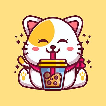 Cute Cat Drink Boba Milk Tea Cartoon Vector Icon Illustration