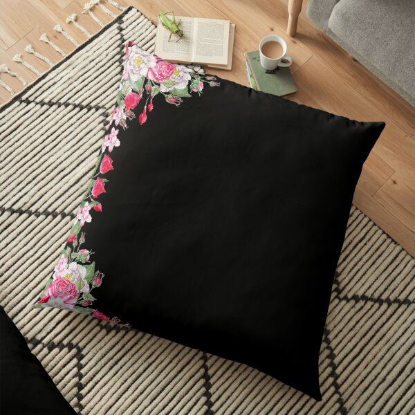 Red And Pink Flowers On Black Floor Pillow