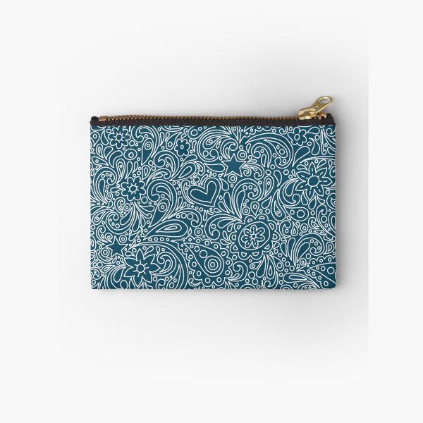 Item preview, White on Petrol Blue Paisley Pattern with Flowers, Hearts and Stars designed and sold by Pentanglement.