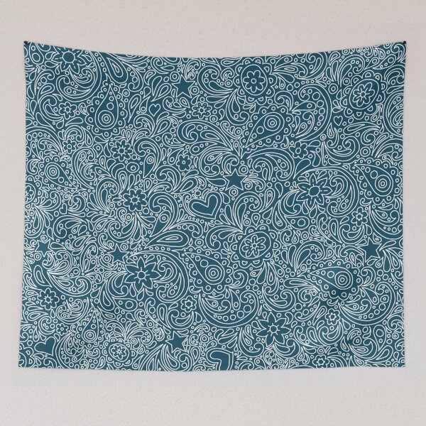 Item preview, White on Petrol Blue Paisley Pattern with Flowers, Hearts and Stars designed and sold by Pentanglement.