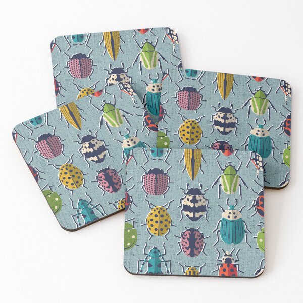 Item preview, These don't bug me // duck egg blue background green yellow neon red orange pink blue and black and ivory retro paper cut beetles and insects designed and sold by SelmaCardoso.