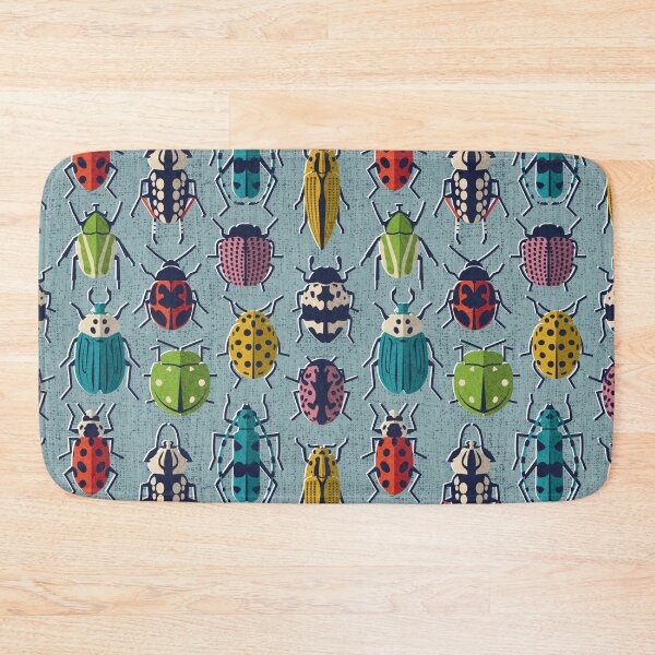 Item preview, These don't bug me // duck egg blue background green yellow neon red orange pink blue and black and ivory retro paper cut beetles and insects designed and sold by SelmaCardoso.