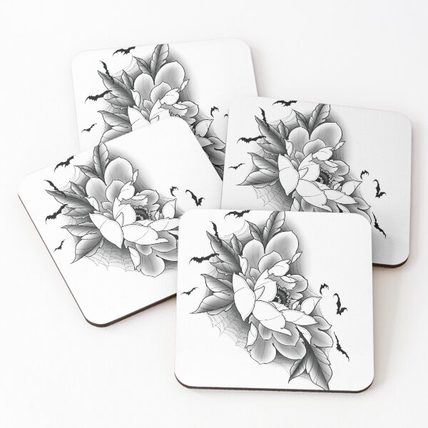 Item preview, Peony flower with spider webs and bats designed and sold by dtmtattoo.