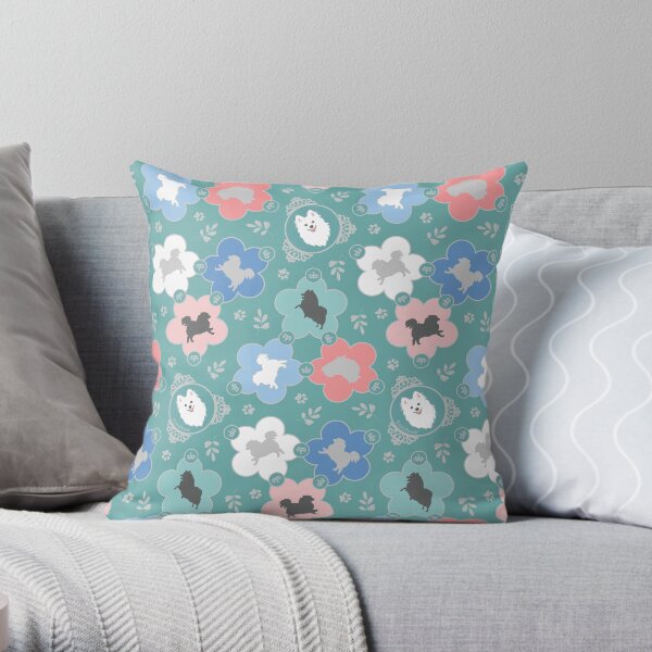 Japanese Spitz Dog Floral Triad - Aqua Green Throw Pillow