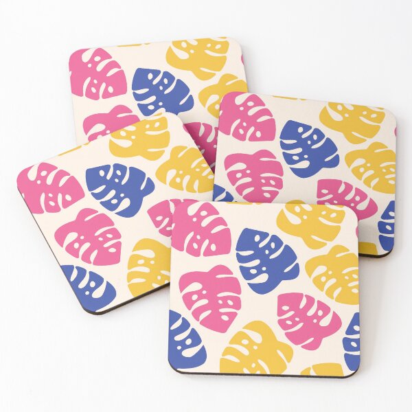 Item preview, Pink, yellow, blue monstera leaves on beige background designed and sold by IrinaOstapenko.