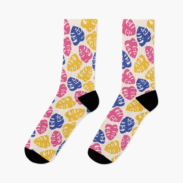 Item preview, Pink, yellow, blue monstera leaves on beige background designed and sold by IrinaOstapenko.