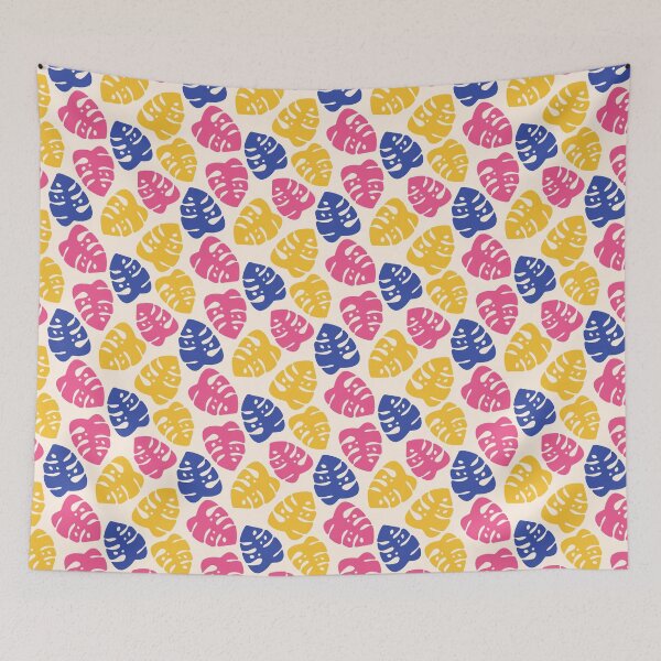 Item preview, Pink, yellow, blue monstera leaves on beige background designed and sold by IrinaOstapenko.
