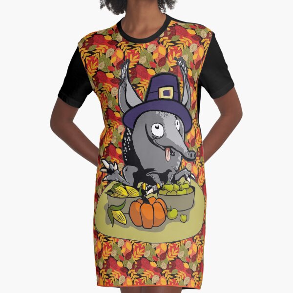 Thanksgiving armadillo pilgrim hat cute quirky cartoon leaves Graphic T-Shirt Dress
