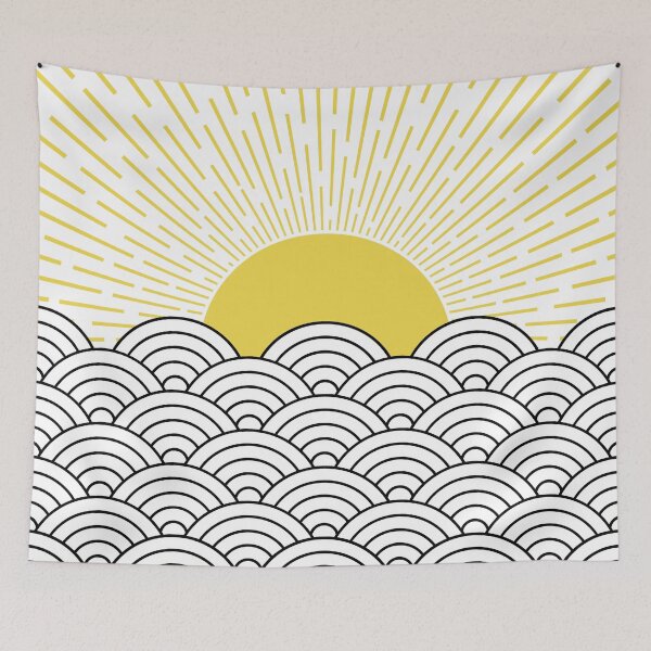 Item preview, Black and white Seigaiha waves with yellow sun designed and sold by BattaAnastasia.