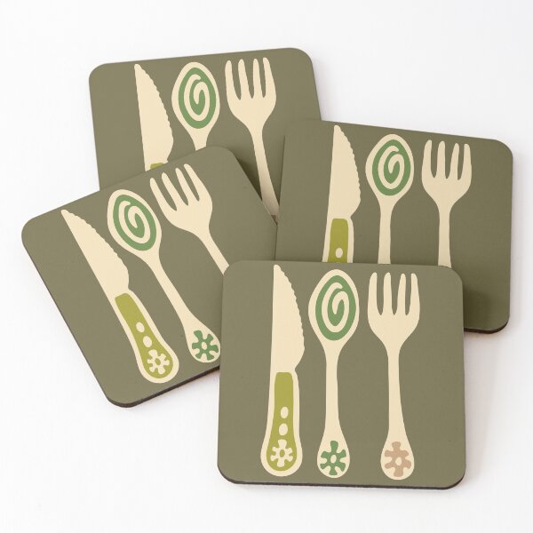 Item preview, RETRO CUTLERY in Chartreuse Green and Beige on Olive - UnBlink Studio by Jackie Tahara designed and sold by Jackie Tahara of UnBlink Studio.