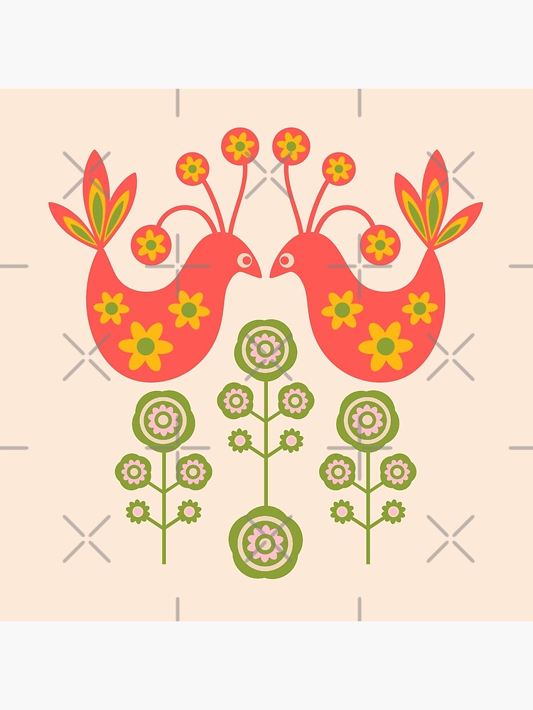 Thumbnail 2 of 2, Art Board Print, LOVE BIRDS Folk Art Mid-Century Modern Scandi Floral SINGLE GRAPHIC With Birds Flowers Feathers in Coral Orange Pink Yellow Green on Cream - UnBlink Studio by Jackie Tahara designed and sold by unblink.
