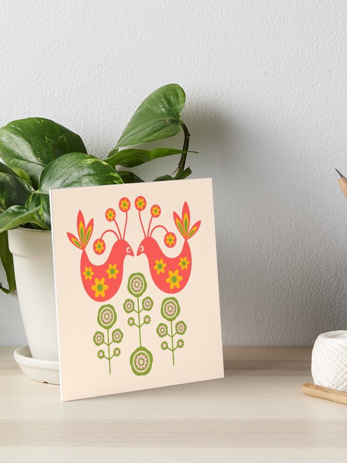 Thumbnail 1 of 2, Art Board Print, LOVE BIRDS Folk Art Mid-Century Modern Scandi Floral SINGLE GRAPHIC With Birds Flowers Feathers in Coral Orange Pink Yellow Green on Cream - UnBlink Studio by Jackie Tahara designed and sold by unblink.