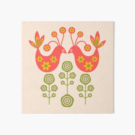 LOVE BIRDS Folk Art Mid-Century Modern Scandi Floral SINGLE GRAPHIC With Birds Flowers Feathers in Coral Orange Pink Yellow Green on Cream - UnBlink Studio by Jackie Tahara Art Board Print