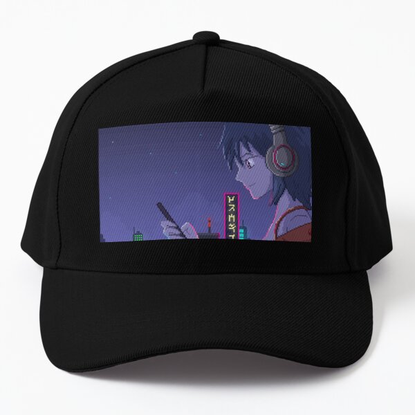 Pixel Art - Anime Girl Listening To Music Baseball Cap