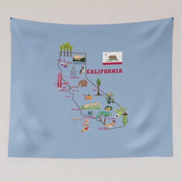 Item preview, Map of California Landmarks, major cities, flag  designed and sold by mashmosh.