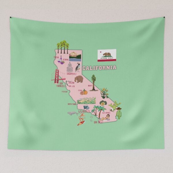 Item preview, California State Map, US tourist attractions, cities, flag designed and sold by mashmosh.