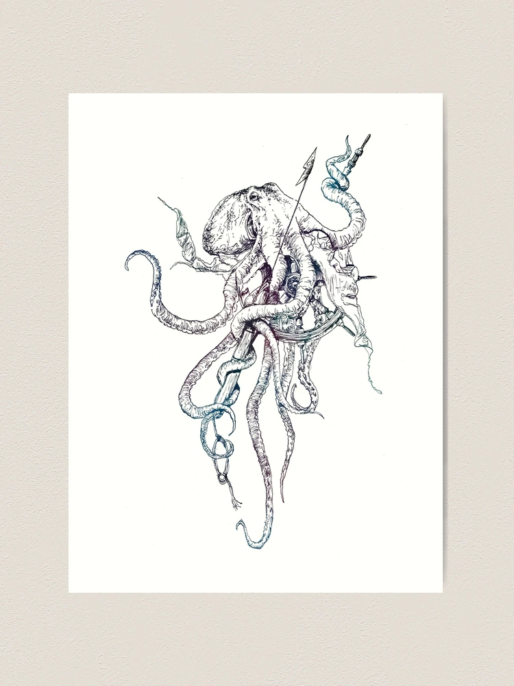 Textured Print of Clash of the Titans Kraken Watercolor 