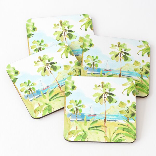 Item preview, Ilustración de sorteo de mano brillante de verano de acuarela con palmeras estilizadas exóticas, playa, barco y mar designed and sold by GalinaChe.