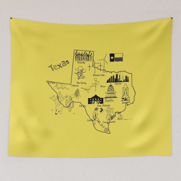 Item preview, Map of Texas Landmarks, major cities, flag,  tourist attractions Black Lines designed and sold by mashmosh.