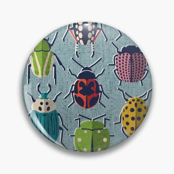 Item preview, These don't bug me // duck egg blue background green yellow neon red orange pink blue and black and ivory retro paper cut beetles and insects designed and sold by SelmaCardoso.