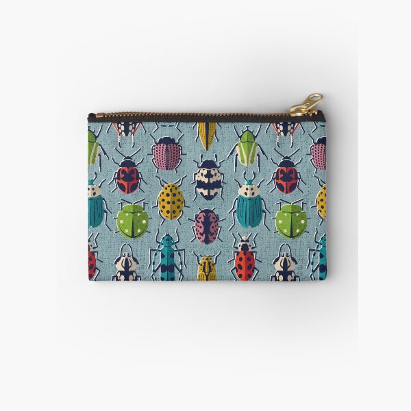 Item preview, These don't bug me // duck egg blue background green yellow neon red orange pink blue and black and ivory retro paper cut beetles and insects designed and sold by SelmaCardoso.
