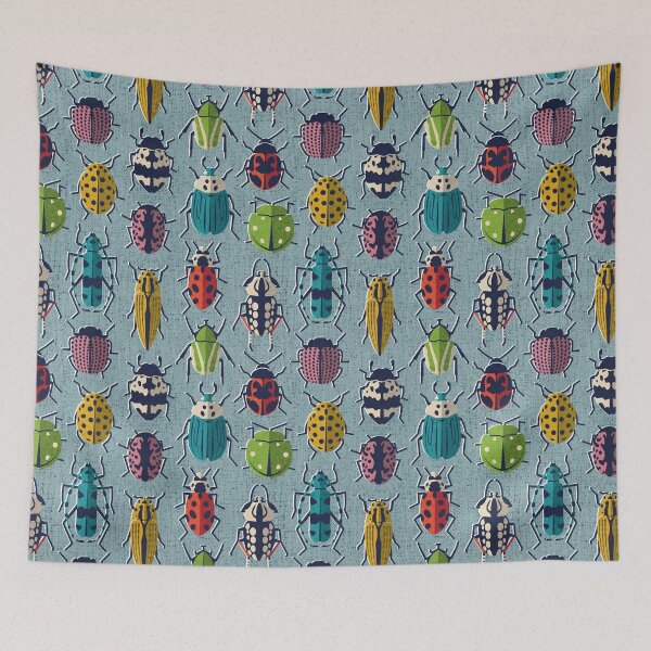 Item preview, These don't bug me // duck egg blue background green yellow neon red orange pink blue and black and ivory retro paper cut beetles and insects designed and sold by SelmaCardoso.