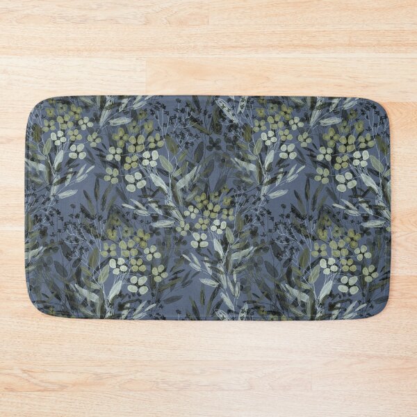 Item preview, Floral pattern, green twigs and flowers on a blue background, drawing. designed and sold by UVI-CA.