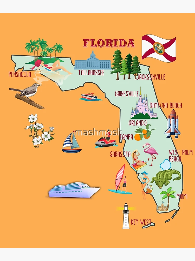 Florida Map, tourist attractions, the major cities, flag, symbols florida-map-tourist-attractions-the-major-cities-flag-symbols-art-print-for-sale-by-mashmosh-redbubble