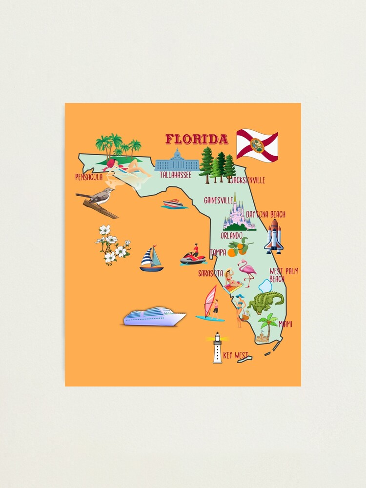 florida-map-tourist-attractions-the-major-cities-flag-symbols-photographic-print-for-sale-by-mashmosh-redbubble for Map Of Florida Printable Free Florida Map, tourist attractions, the major cities, flag, symbols