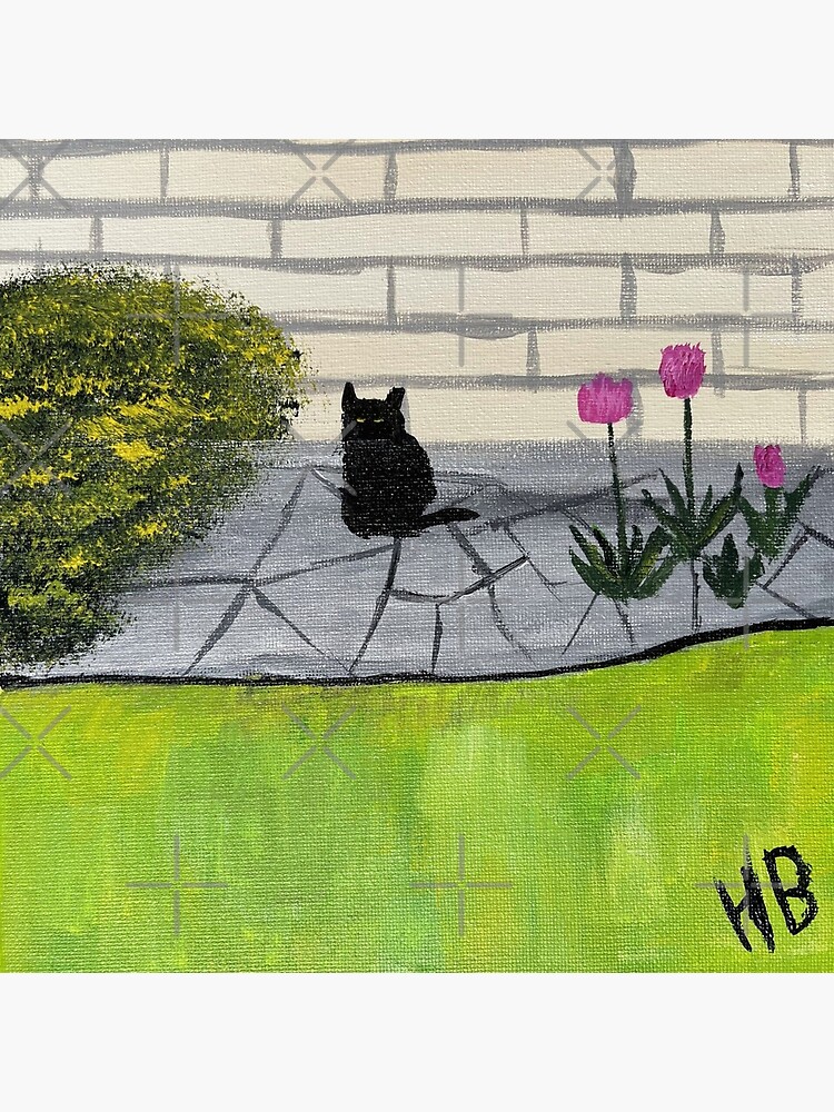 Feral Black Cat with Pink Flowers Folk Art by catladyjoy