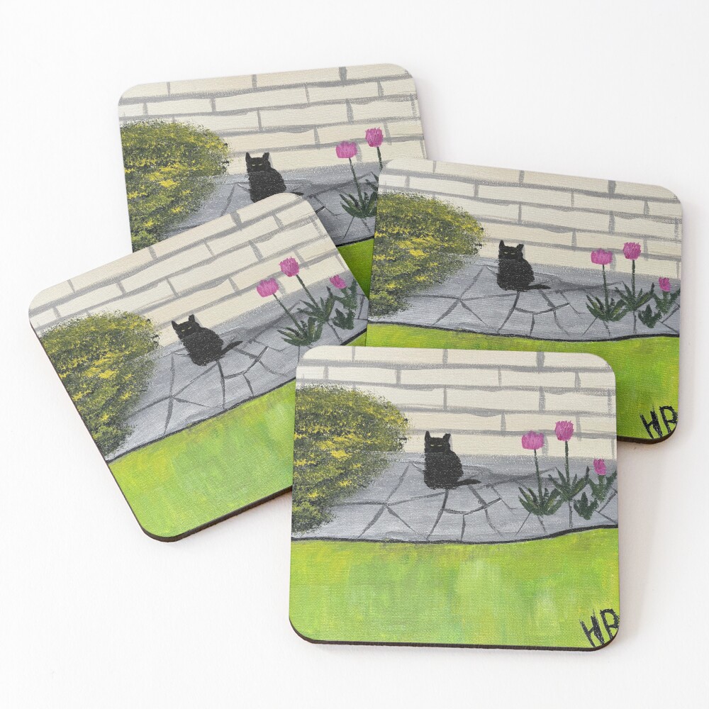 Feral Black Cat with Pink Flowers Folk Art Coasters (Set of 4)