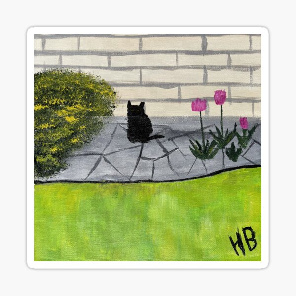 Feral Black Cat with Pink Flowers Folk Art Sticker